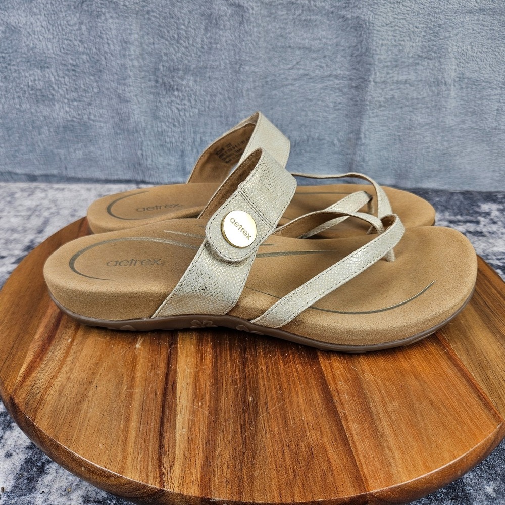Aetrex Izzie Sandals Womens Size 9 Beige Gold Adjustable Strappy Wedge Comfort
